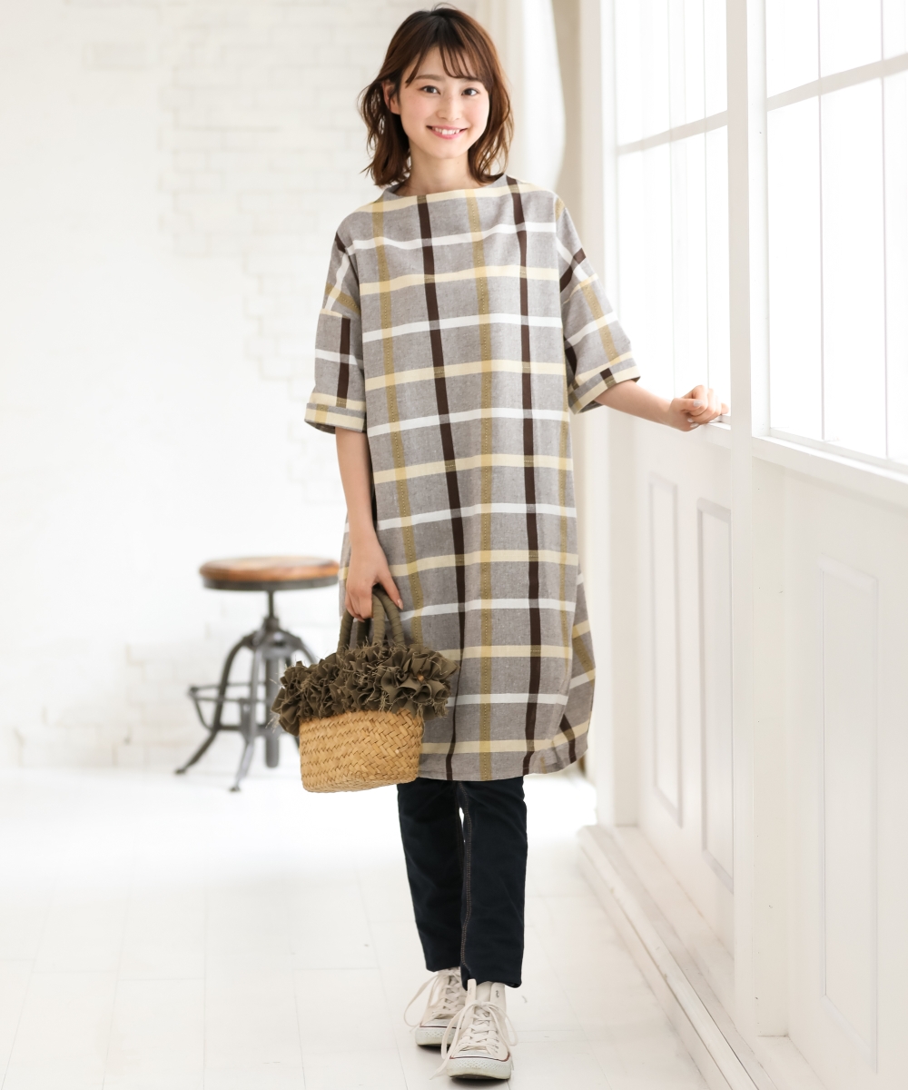 【新品】 nissen 下摆折缝纱线染色格纹茧型松身连身裙 (日本女装)